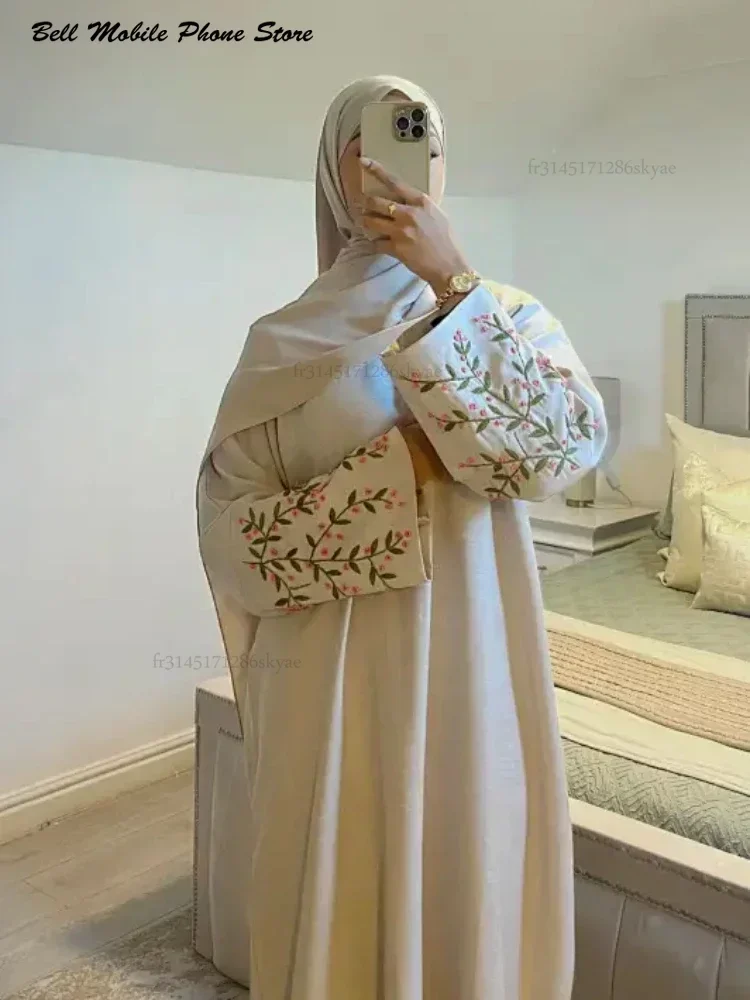 Abaya en lin de coton brodé - hijab turc Dubaï, caftan Ramadan - robe décontractée - image de produit 0