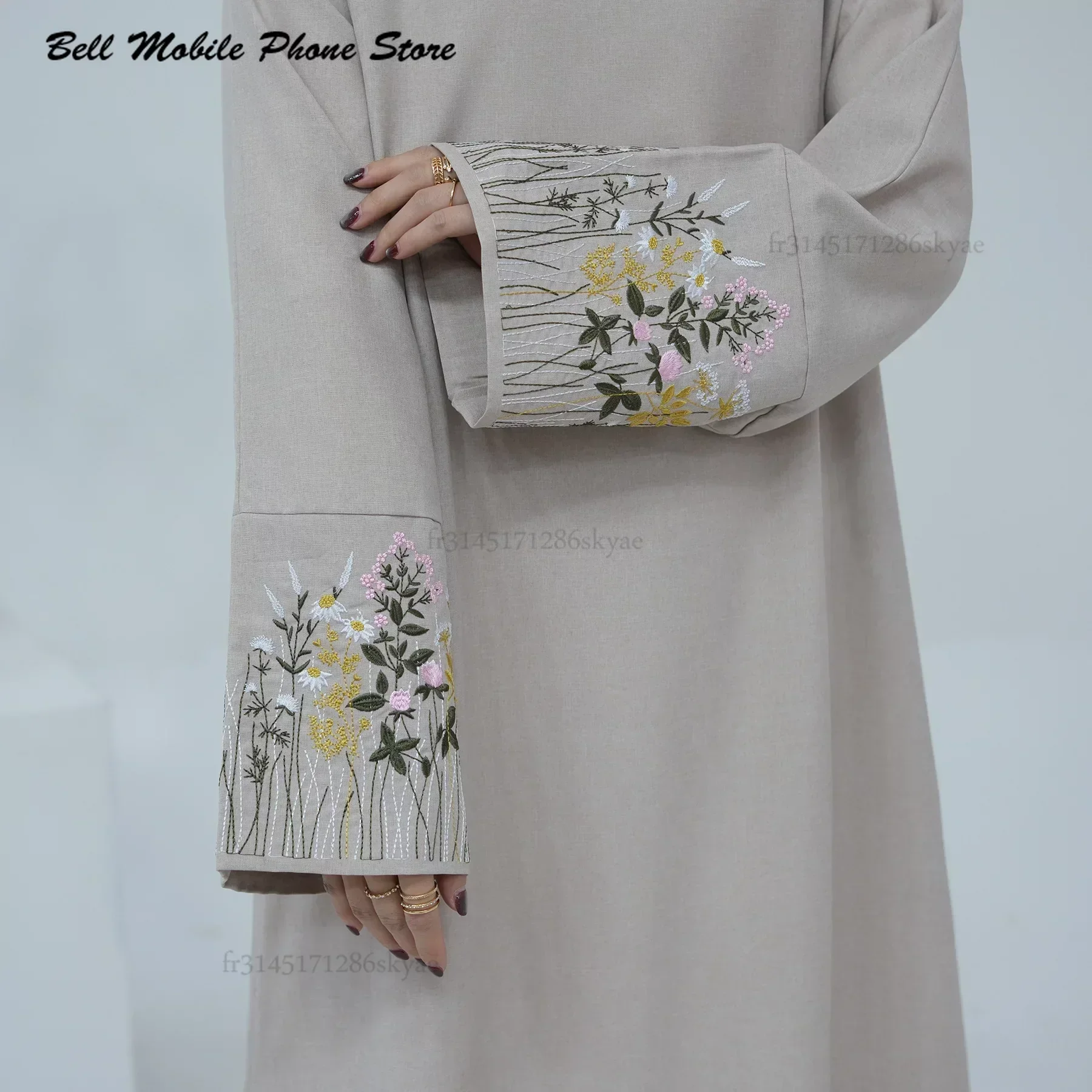 Abaya en lin de coton brodé - hijab turc Dubaï, caftan Ramadan - robe décontractée - image de produit 5